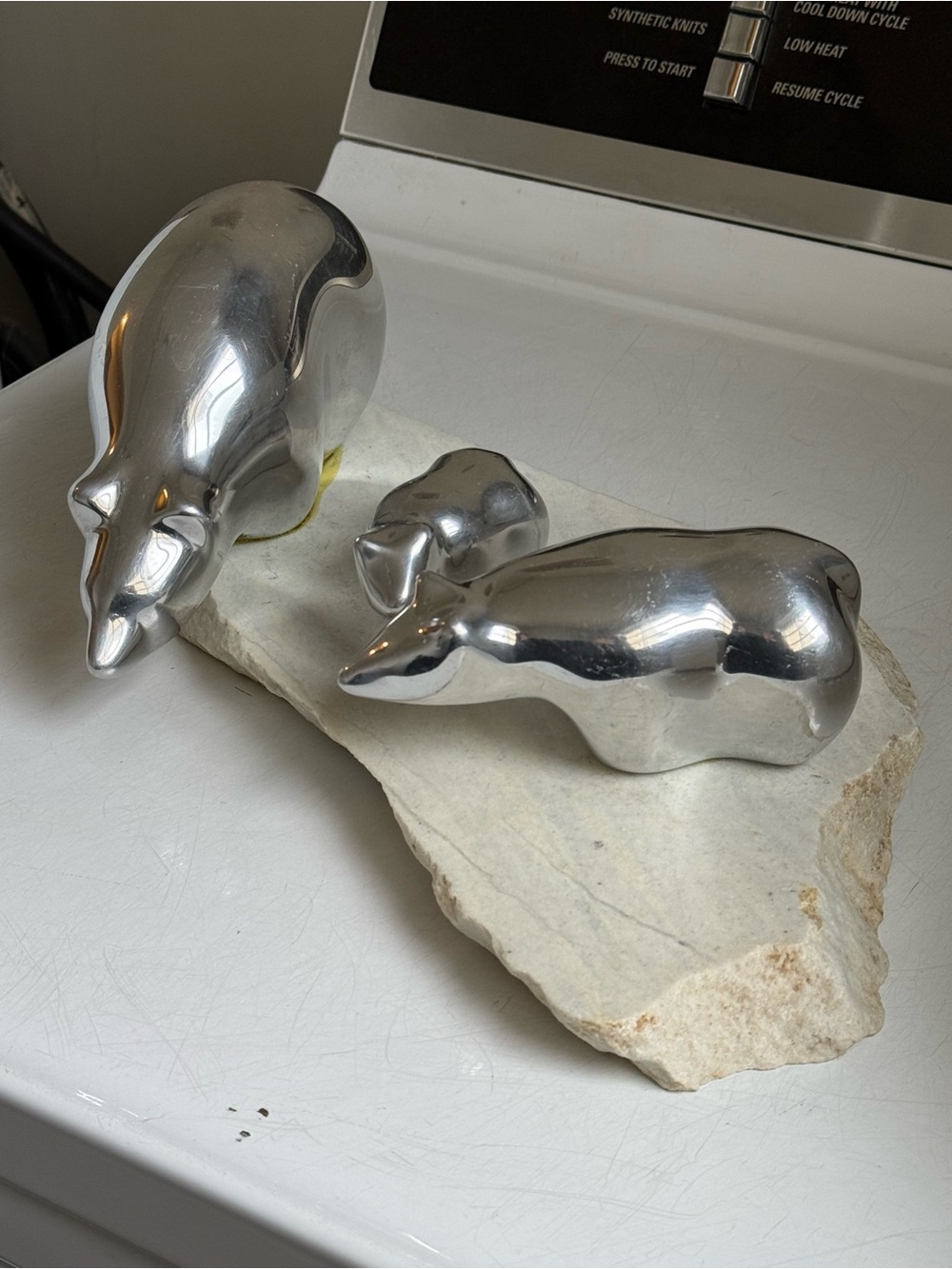 Modernist Artist Hoselton Aluminum Polar Bear Family Stone Slab Sculpture Piece